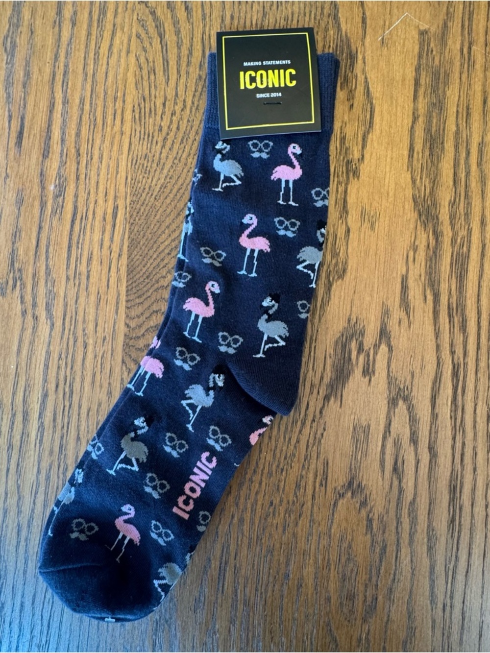 Iconic  Navy Flamingo Crew Socks - Pink & Gray Pattern‎